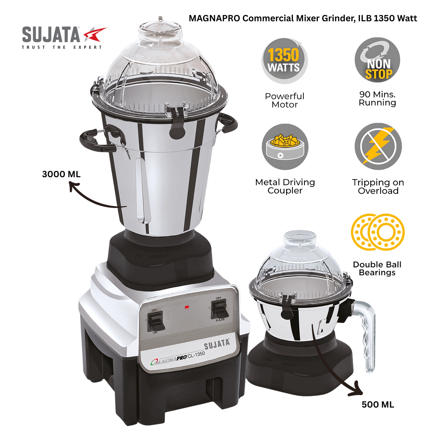 SUJATA MAGNAPRO Commercial Mixer Grinder | 1350 W | 2 Jars
