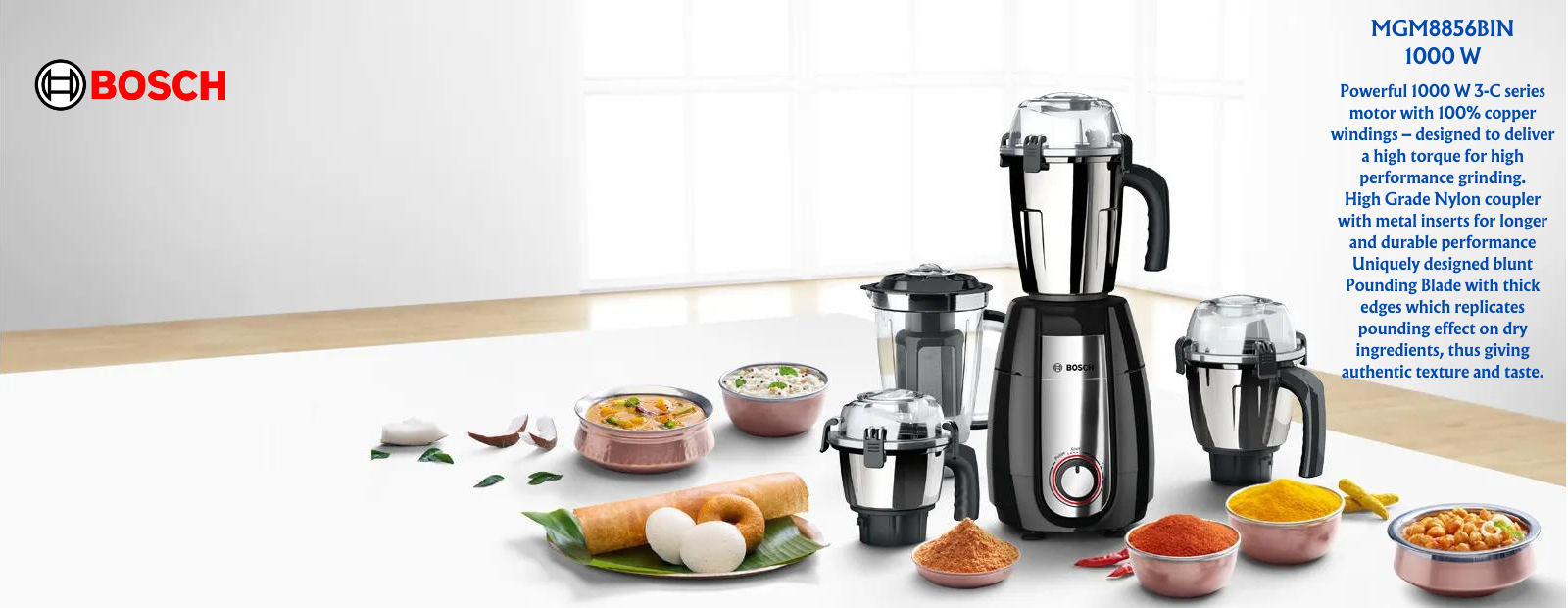 BOSCH Mixer Grinder TrueMixx Pro 1000 W Black MGM8856BIN | 4 Jars - Premium Mixer Grinder from Bosch - Just Rs. 8200! Shop now at Surana Sons