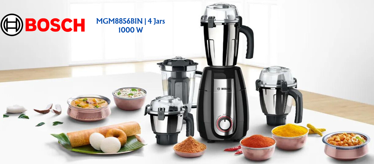 BOSCH Mixer Grinder TrueMixx Pro 1000 W Black MGM8856BIN | 4 Jars - Premium Mixer Grinder from Bosch - Just Rs. 8200! Shop now at Surana Sons
