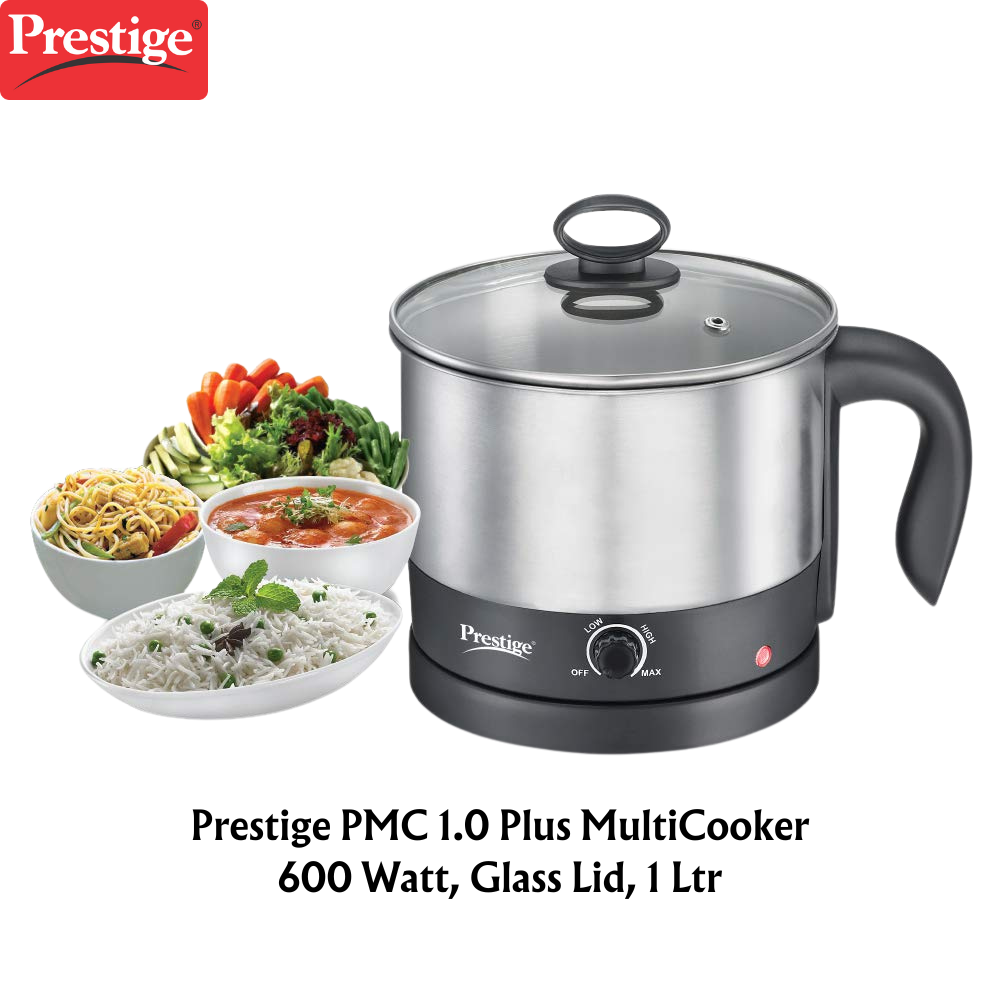 Prestige PMC 1.0 Plus MultiCooker 600 Watt Glass Lid 1 Ltr Silver Black Surana Sons