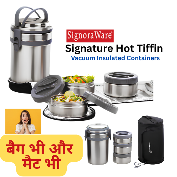 SIGNORAWARE Signature Double Wall Vacuum Insulated Stainless Steel Lunch Box (Big) with BAGMAT, Set of 3 SS Containers, 500 ml x 2 + 400 ml x 1, Silver