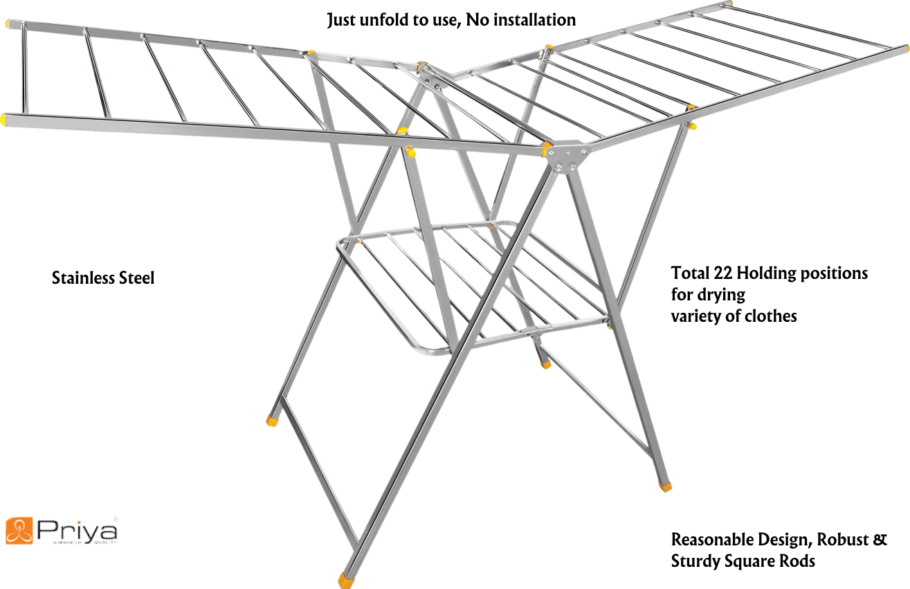 Priya Jupiter Heavy Duty Rust-Free Stainless Steel Foldable Cloth Drying Stand | Indoor/Outdoor/Balcony | Butterfly Model | Adjustable Fold Height - Premium Towel Stand from Priya - Just Rs. 5490! Shop now at Surana Sons