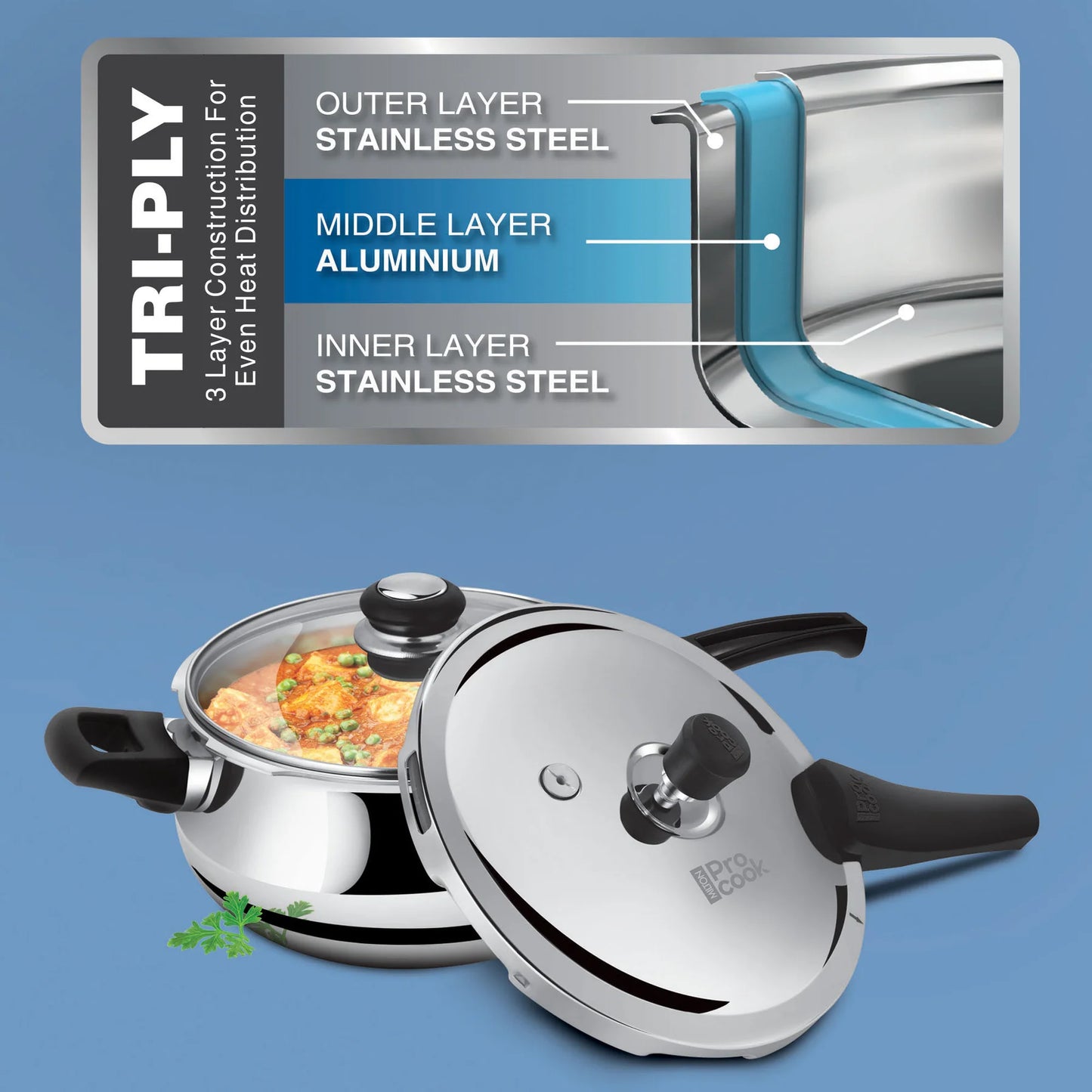 PROCOOK BY MILTON Triply Pressure Cooker Outer Lid Curve | Additional Glass Lid
