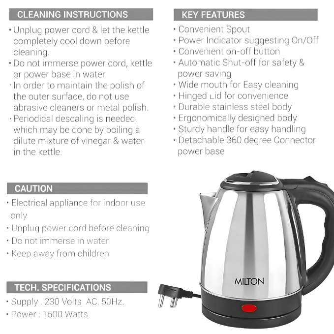 MILTON Euroline Stainless Steel INSTA Electric Kettle | 1500 Watt | Boil Dry Protect