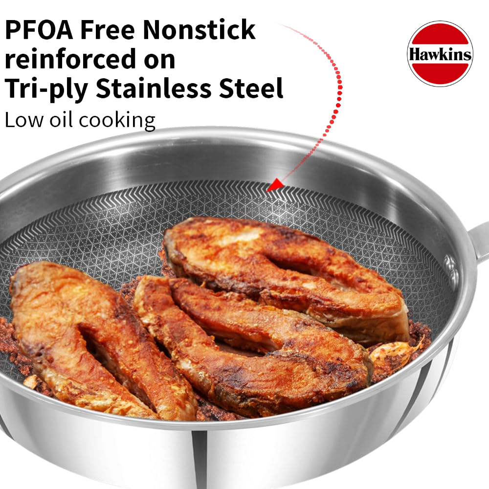 HAWKINS 22 cm Frying Pan, Triply Stainless Steel Shielded Nonstick with Rosewood Handle, Glass Lid - Premium SS Triply Frying Pan from Hawkins - Just Rs. 2205! Shop now at Surana Sons