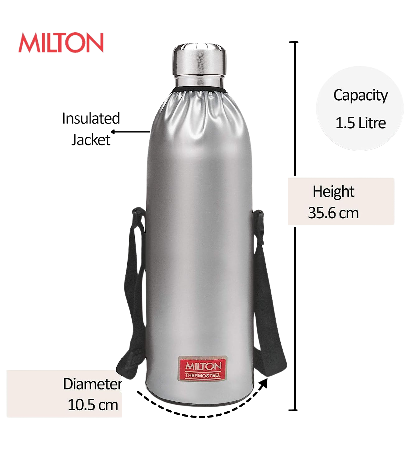 Milton Duo DLX 1500 Thermosteel 24 Hours Hot and Cold Water Bottle with Bag, 1 Piece, 1.5 Litre, Silver | Leak Proof - Premium Hot & Cold Steel Vacuum Bottles from Milton - Just Rs. 1619! Shop now at Surana Sons