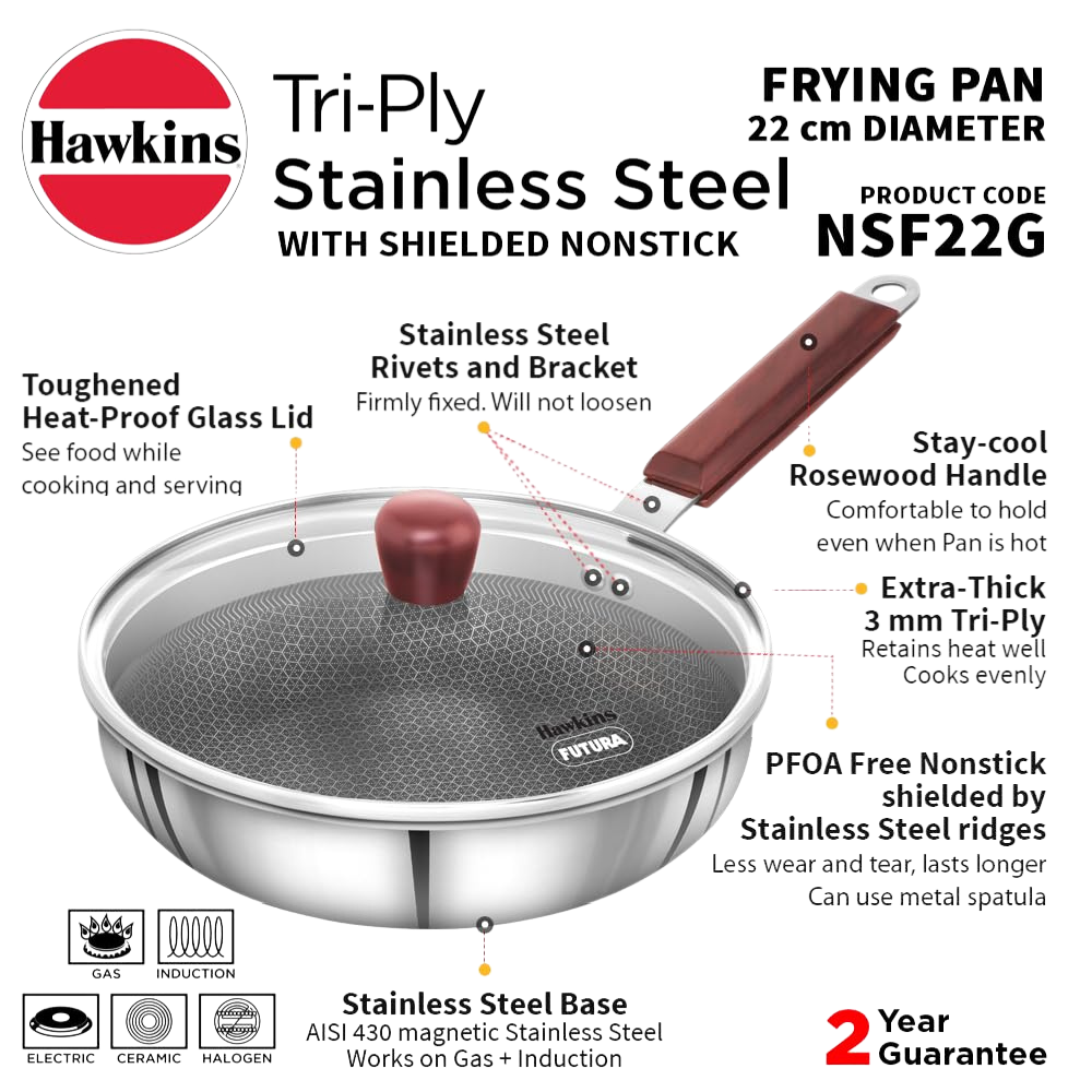 HAWKINS 22 cm Frying Pan, Triply Stainless Steel Shielded Nonstick with Rosewood Handle, Glass Lid - Premium SS Triply Frying Pan from Hawkins - Just Rs. 2205! Shop now at Surana Sons