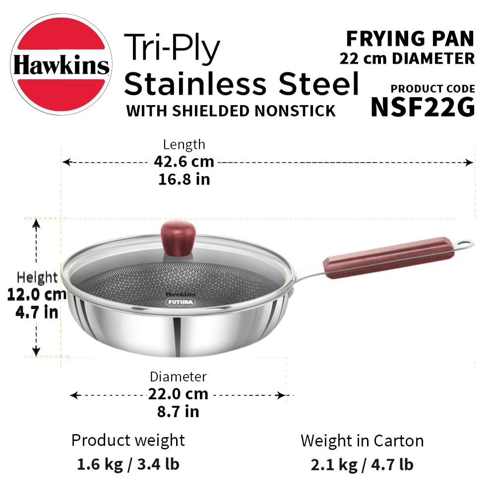 HAWKINS 22 cm Frying Pan, Triply Stainless Steel Shielded Nonstick with Rosewood Handle, Glass Lid - Premium SS Triply Frying Pan from Hawkins - Just Rs. 2205! Shop now at Surana Sons