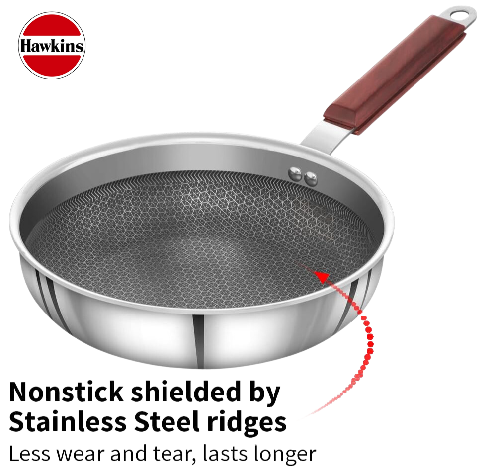 HAWKINS 22 cm Frying Pan, Triply Stainless Steel Shielded Nonstick with Rosewood Handle, Glass Lid - Premium SS Triply Frying Pan from Hawkins - Just Rs. 2205! Shop now at Surana Sons