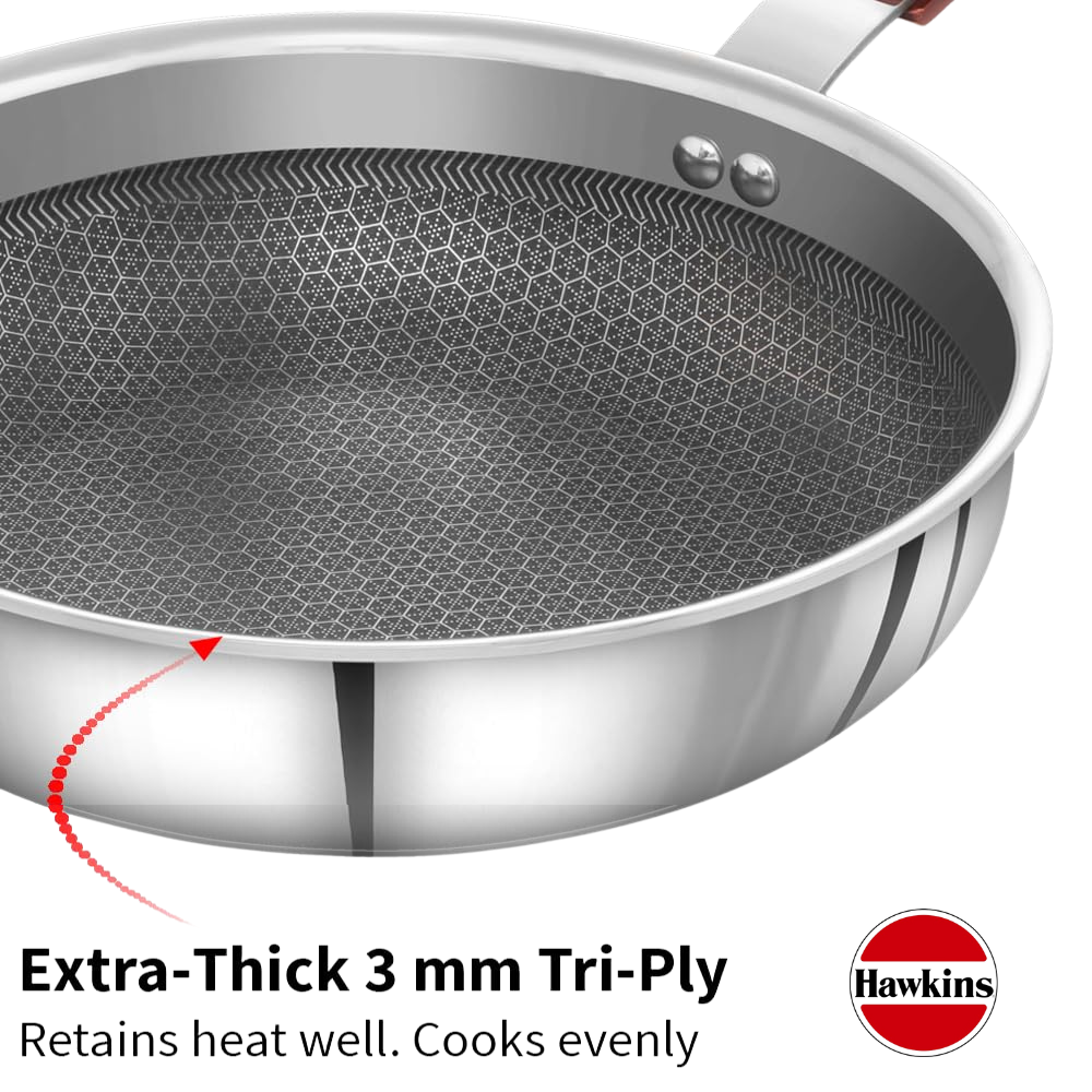 HAWKINS 22 cm Frying Pan, Triply Stainless Steel Shielded Nonstick with Rosewood Handle, Glass Lid - Premium SS Triply Frying Pan from Hawkins - Just Rs. 2205! Shop now at Surana Sons