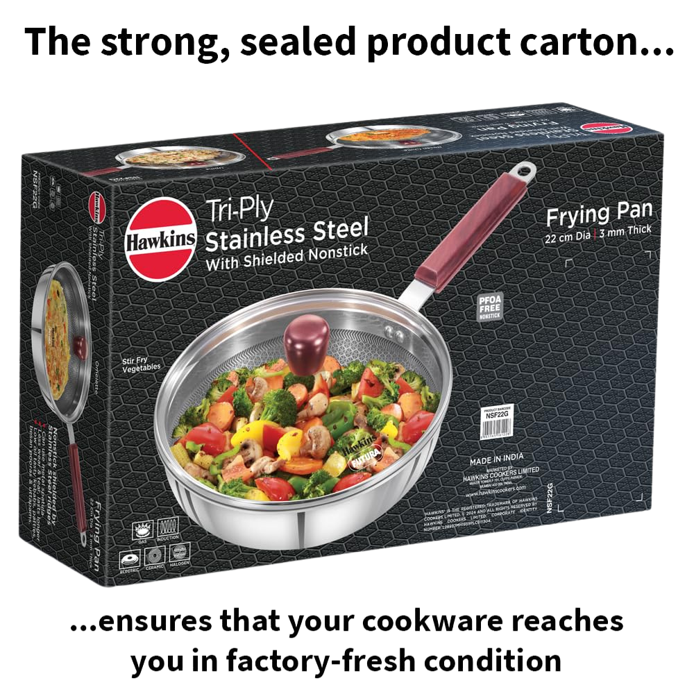 HAWKINS 22 cm Frying Pan, Triply Stainless Steel Shielded Nonstick with Rosewood Handle, Glass Lid - Premium SS Triply Frying Pan from Hawkins - Just Rs. 2205! Shop now at Surana Sons