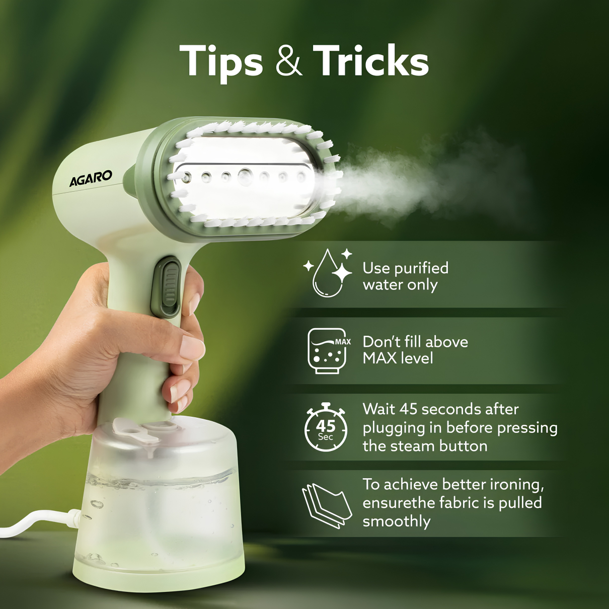 AGARO Regency Handheld Garment Steamer, Wrinkle Remover, Iron, Fast Heat, Ceramic Steam Nozzle, 1200W, 250 ML Water Tank, Detachable Fabric Brush