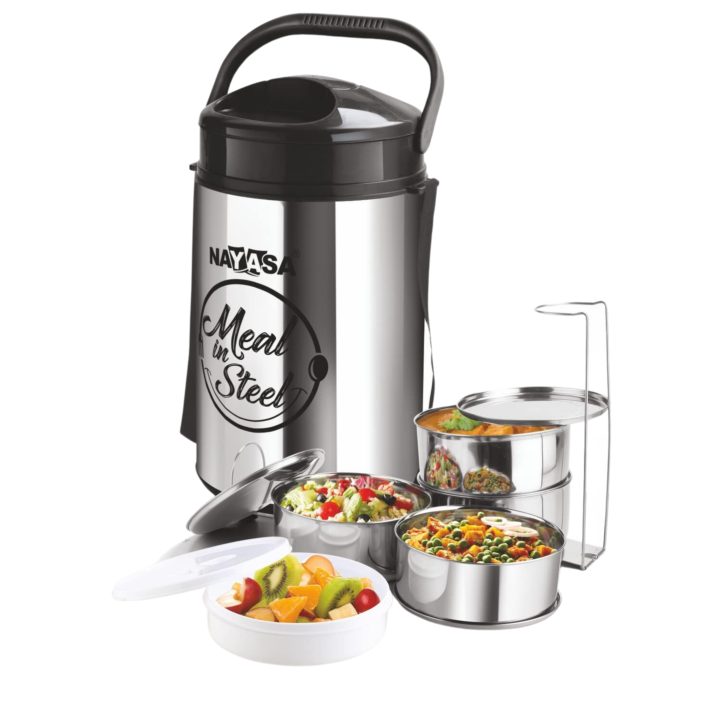 Nayasa Zeal Steel-14, Individual 4 Inner Steel Containers, 1 Salad Container With Lifter, Handle, Easy To Lift, Shoulder Belt, Outer P.U Insulated Body, Airtight Lids - Premium Hot Tiffin from Nayasa - Just Rs. 1568! Shop now at Surana Sons