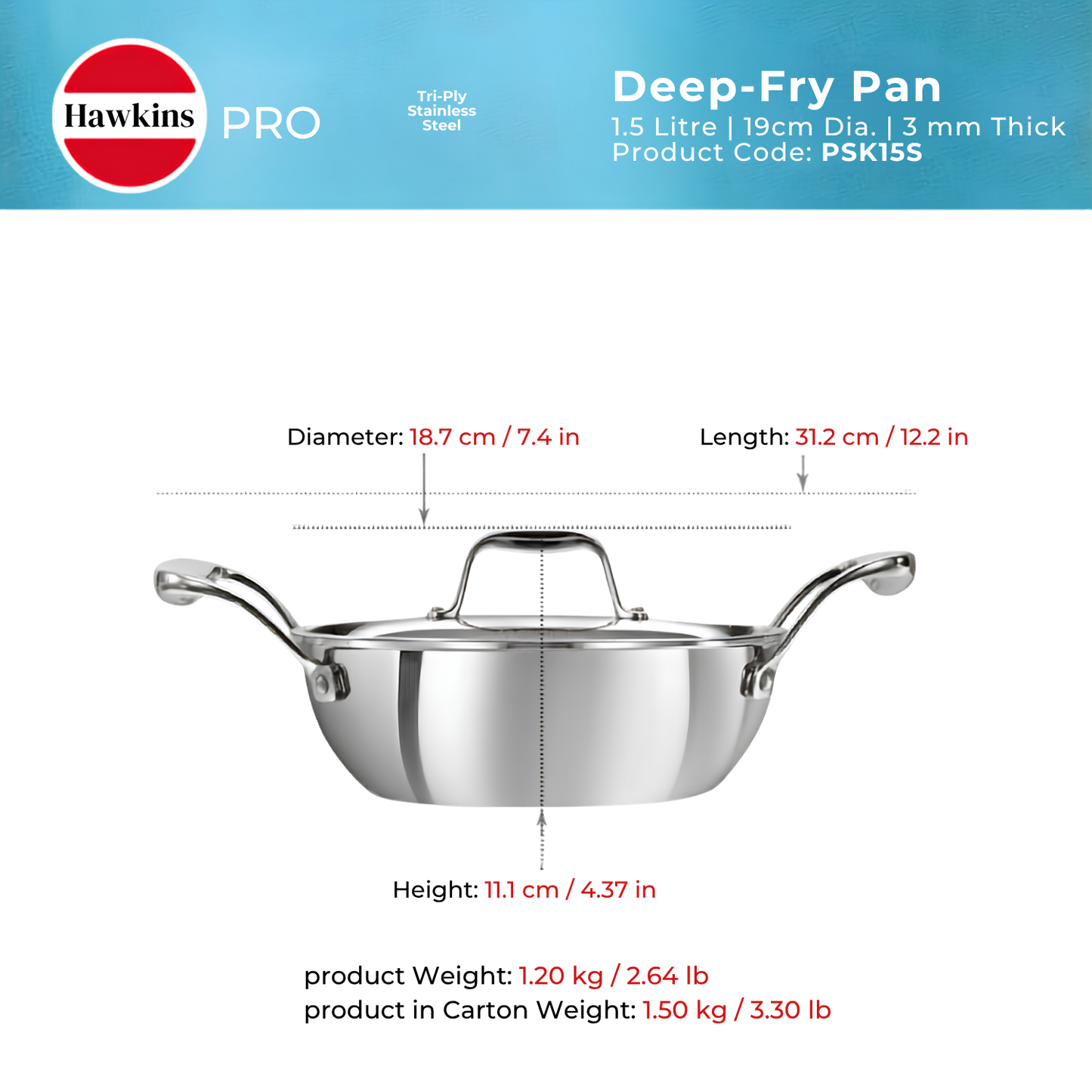 HAWKINS Pro Deep-Fry Pan | Triply Stainless Steel Kadhai with Steel Handles and Steel Lid | Silver