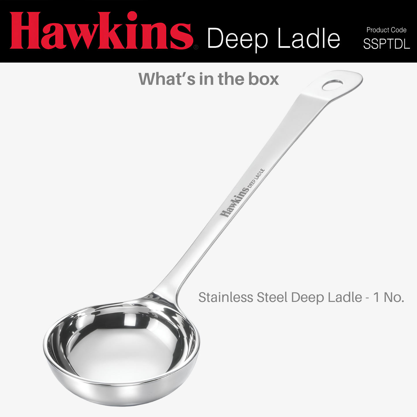 HAWKINS Food-Grade Stainless Steel 80 ml Deep Ladle | Thick Durable One-Piece Design | Long Handle | Hanging Loop | for Serving Dal, Curry & Soup | Karchhi | Pali | Silver (SSPTDL)