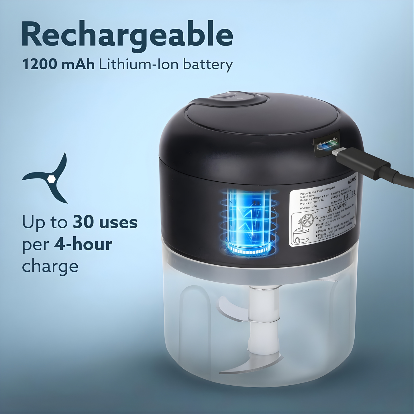 AGARO Elite Rechargeable Mini Electric Chopper, 250 ML, Black