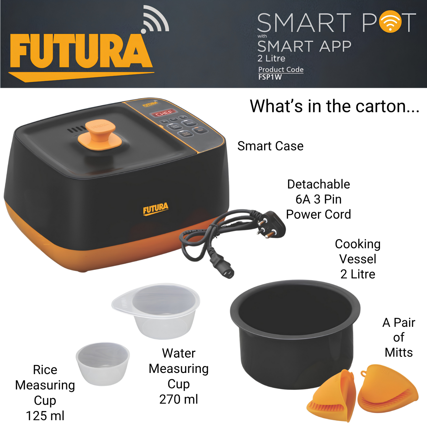 Hawkins Futura Smart Pot with Smart App, 2 Litre Smart Electric Cooker | Wi-Fi App Control | Automatic Rice Cooking | Slow Cooking, Sauté, Fry, Steam & Warm Functions | 100+ Guided Recipes | Portable Table-Top Cooker | Black (FSP1W)