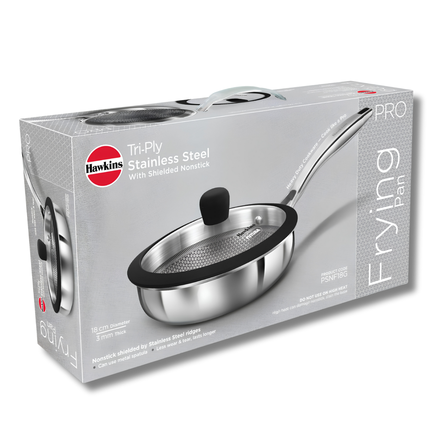 HAWKINS 18 cm Tri-ply Shielded Stainless Steel Non-Stick Pro Frying Pan | Induction & Gas Compatible | Even Heating | with Glass Lid | Silver (PSNF18G)
