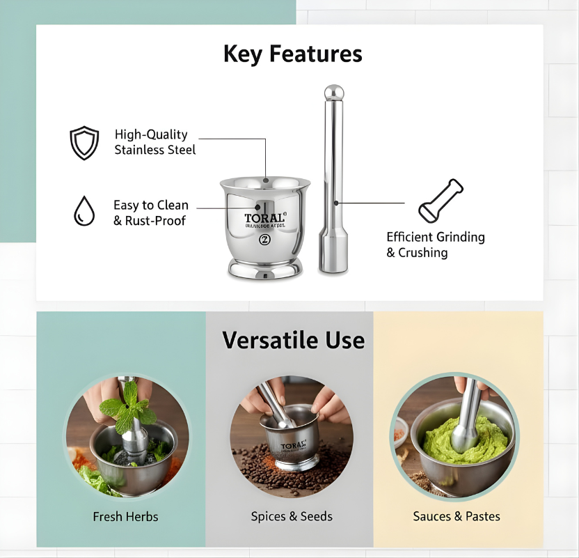 TORAL Popular Heavy Weighted Stainless Steel Mortar and Pestle Set | Rust-Proof Premium QualityKhalbatta/Kharal | Spice & Medicine Grinder for Kitchen Use