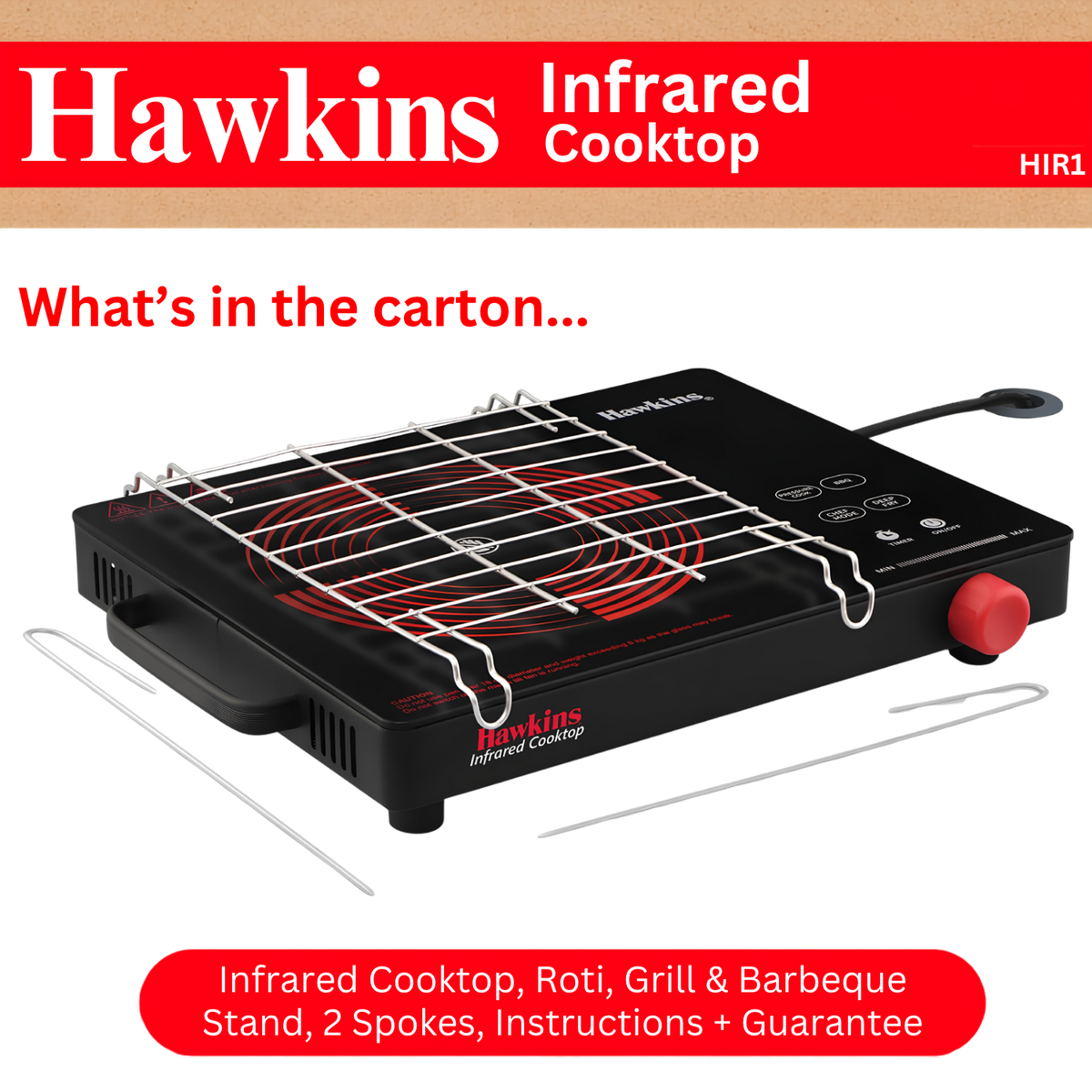 HAWKINS Infrared Cooktop 2200 W | Cook With Any Pot, Any Pan | Crystal Glass Top | Touch Controls with Rotary Knob | Black (HIR1)
