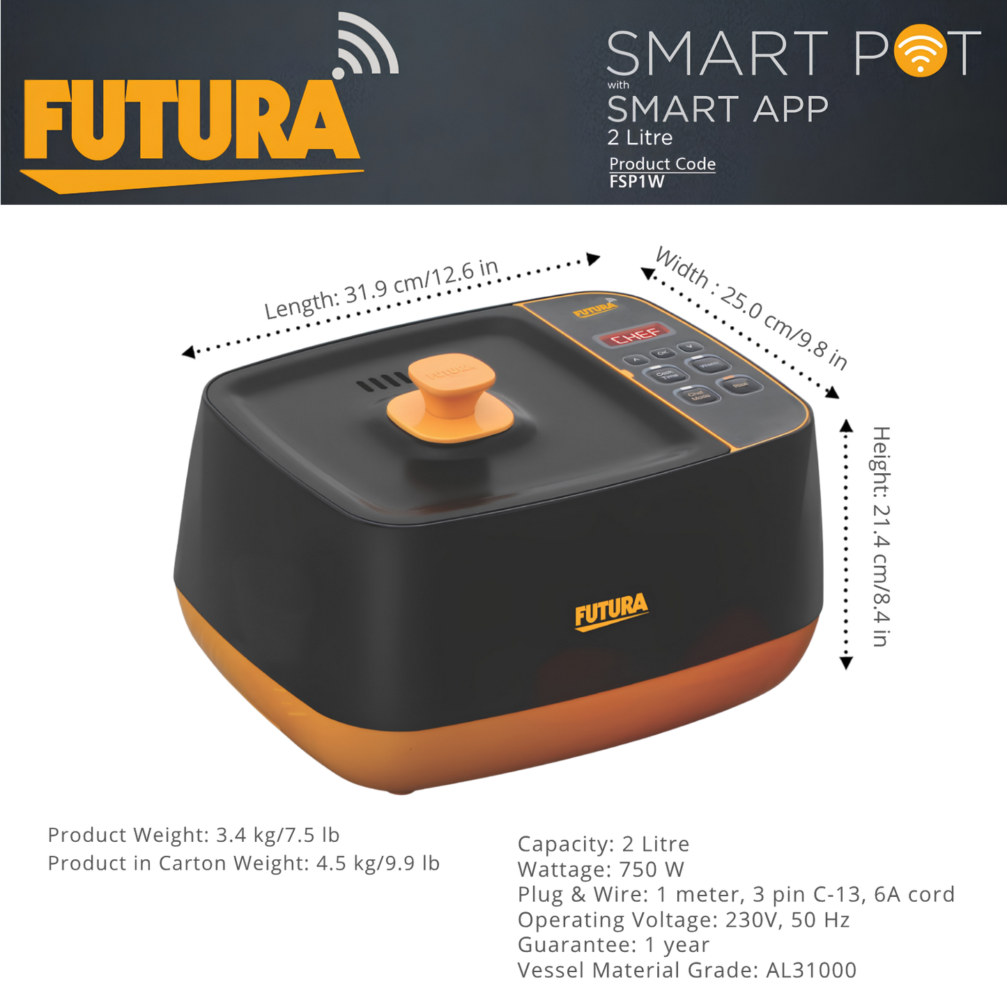 Hawkins Futura Smart Pot with Smart App, 2 Litre Smart Electric Cooker | Wi-Fi App Control | Automatic Rice Cooking | Slow Cooking, Sauté, Fry, Steam & Warm Functions | 100+ Guided Recipes | Portable Table-Top Cooker | Black (FSP1W)