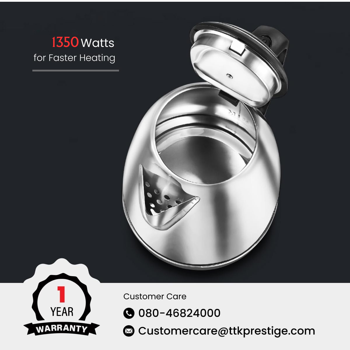 Prestige PKOSS Stainless Steel Electric Kettle 1350 W Silver and Black