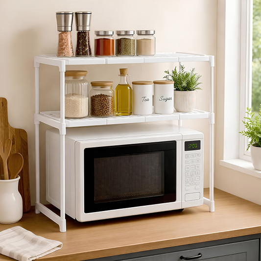 NAYASA Multifunctional Microwave Oven Stand | 2-Tier Heavy-Duty Kitchen Rack | Stainless Steel Rod Organizer Shelf | Space-Saving Storage for Microwave, Oven & Kitchen Essentials | White