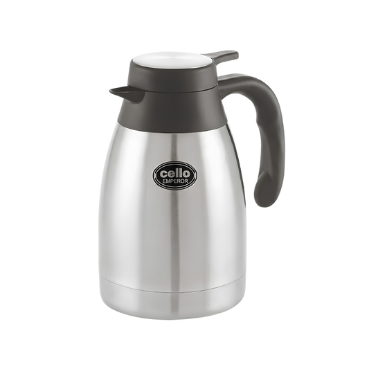 CELLO Emperor Stainless Steel Tea & Coffee Flask Carafe with Handle, Silver | Double Wall, Vacuum Insulated, 24 Hours Hot and Cold Flask Carafe | Ideal For Home, Kitchen, Office & Restaurants