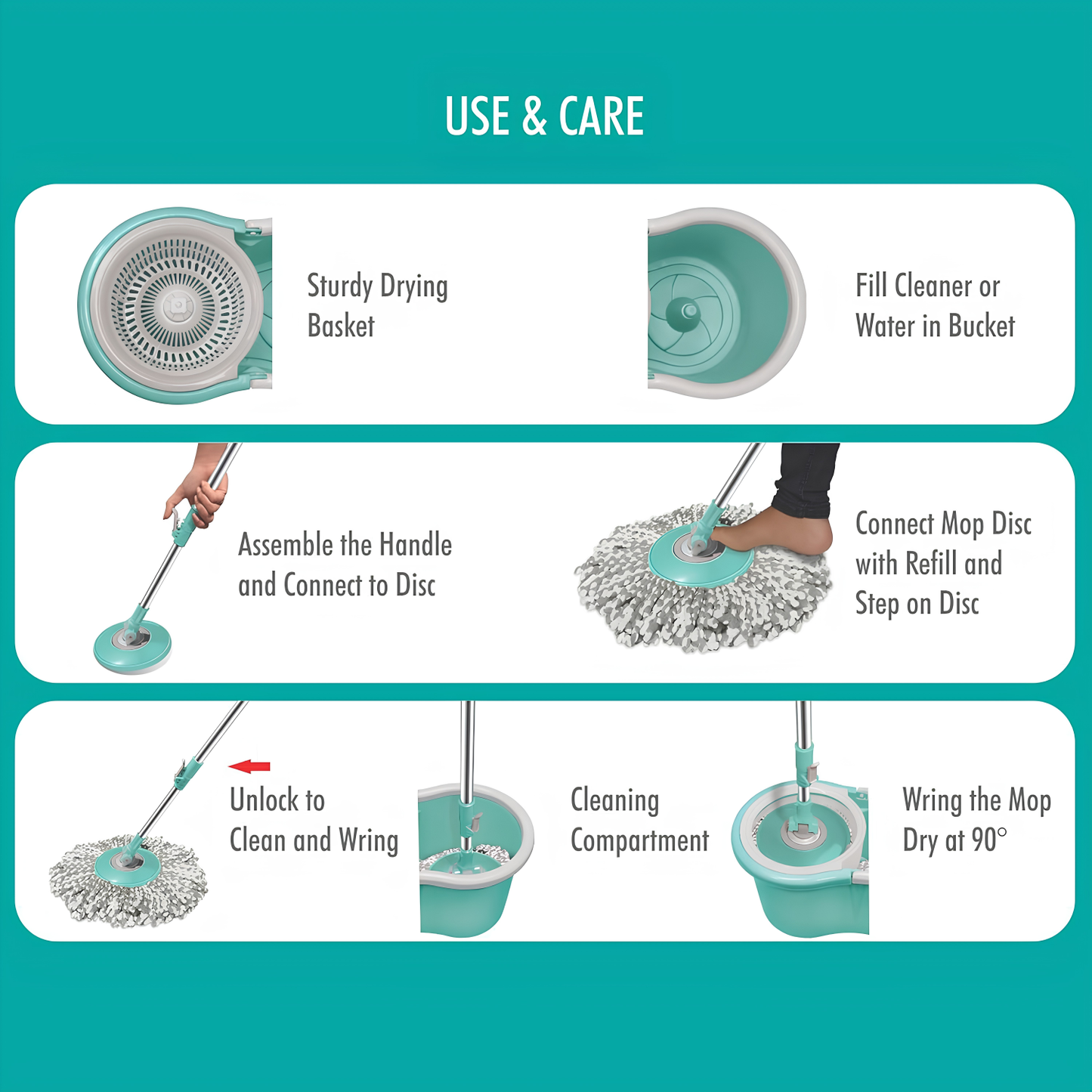 Spotzero By Milton Smart Spin Mop with Bucket, Floor Mop (Aqua Green, Two Refills)