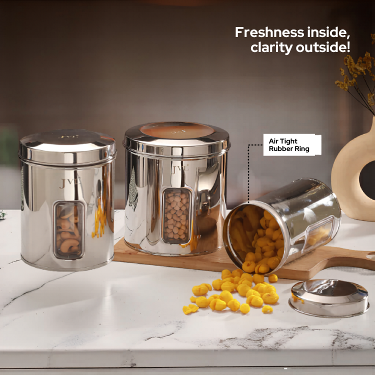 JVL Premium Stainless Steel Trendy Window Canister | Kitchen & General Storage
