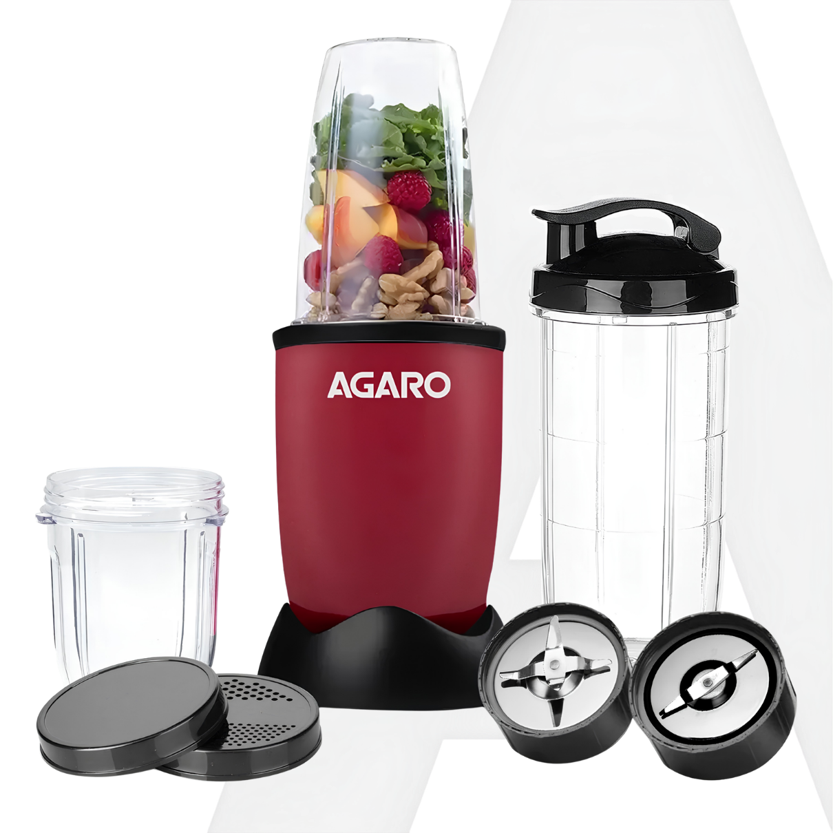 AGARO Regal Blender with 3 Jars | 400 Watts Personal Blender with 100% Copper Motor | Stainless Steel Blades | Smoothie Maker, Masala Grinder, Use for Milkshakes, Juices & Chutney | Red