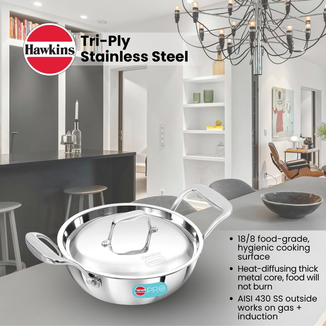 HAWKINS Pro Deep-Fry Pan | Triply Stainless Steel Kadhai with Steel Handles and Steel Lid | Silver