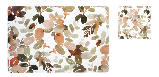 OBSSESSION Bloom Printed Table Mat White and Brown | 6 Mats + 6 Coasters | Premium
