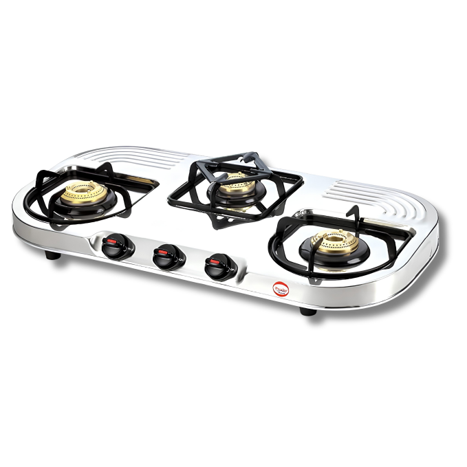 PRESTIGE Royal Stainless Steel Duplex 3 Burner Gas Stove | Extra Wide Body | Spill-proof Design | Brass Burners | Taller Legs | 2 Year Warranty