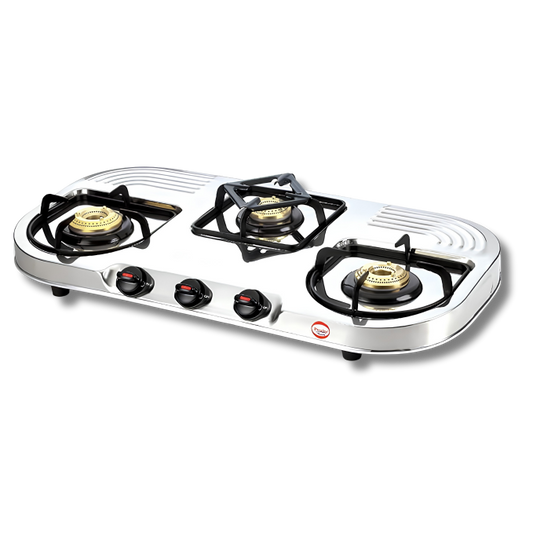 PRESTIGE Royal Stainless Steel Duplex 3 Burner Gas Stove | Extra Wide Body | Spill-proof Design | Brass Burners | Taller Legs | 2 Year Warranty