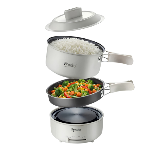 PRESTIGE Electric Omnipot | 1000W Electric Cooking Pan & Fry Pan with Lid | Steam Vent | Temperature Control Slider | Cool-Touch Foldable Handles | Detachable Power Cord | Compact Design | 1Year Warranty | Travel Accessories