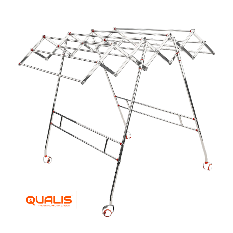 QUALIS Galaxy Zig Zag Foldable Cloth Drying Stand | Pure Stainless Steel | With Wheels | For Home & Farm House