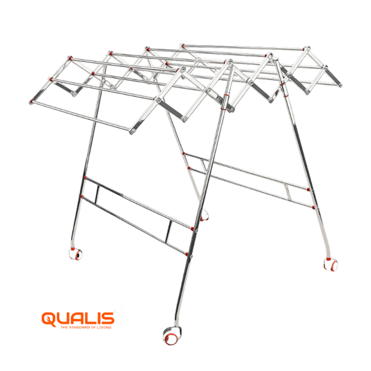 QUALIS Galaxy Zig Zag Foldable Cloth Drying Stand | Pure Stainless Steel | With Wheels | For Home & Farm House