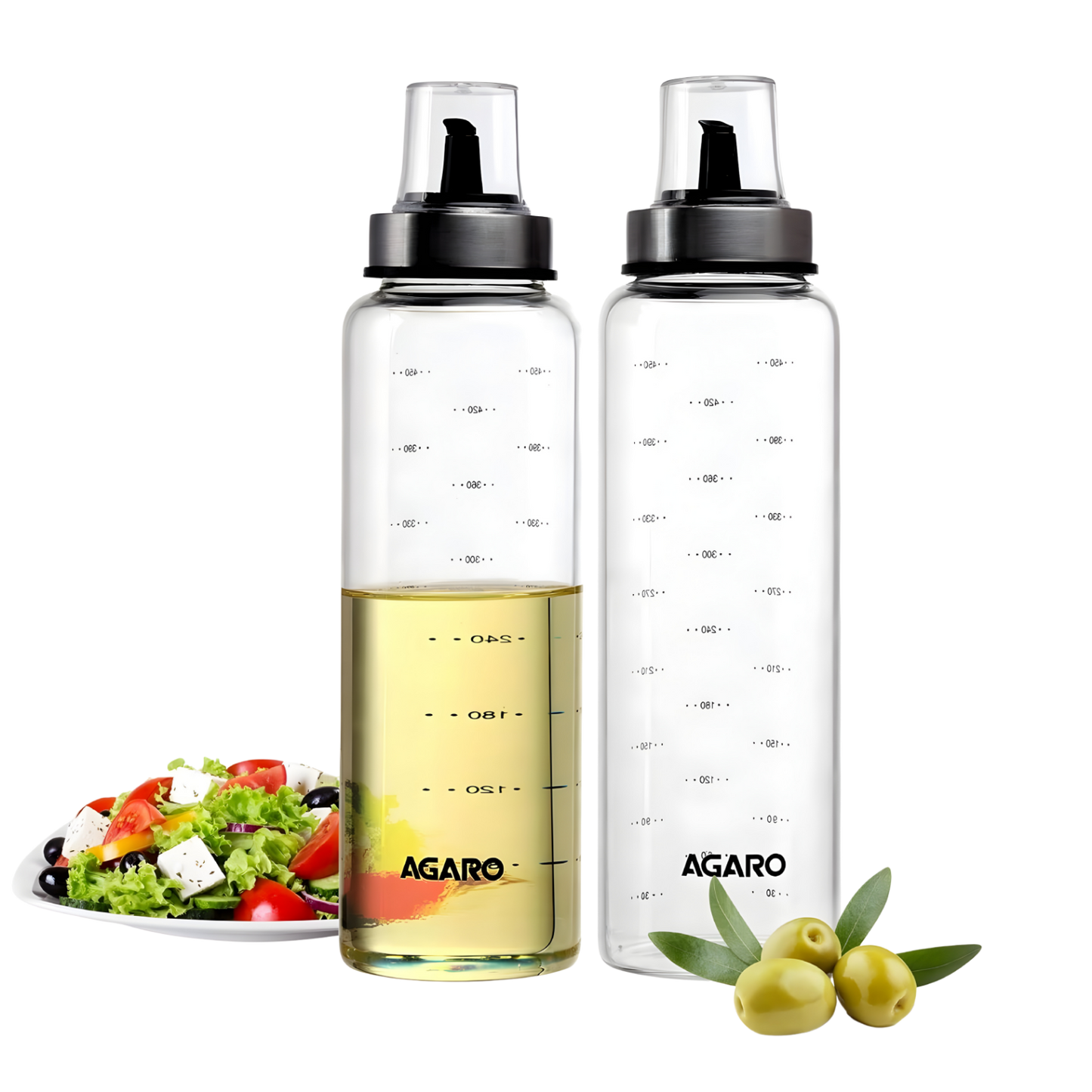 AGARO Elite Borosilicate Glass Oil Dispenser With Capacity Markings, Pack of 2, 500 ML each, Metallic Lid, Oil Bottle Jar, Transparent