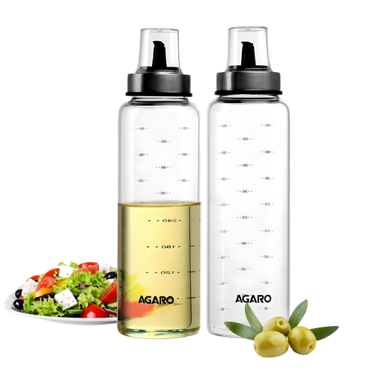 AGARO Elite Borosilicate Glass Oil Dispenser With Capacity Markings, Pack of 2, 500 ML each, Metallic Lid, Oil Bottle Jar, Transparent