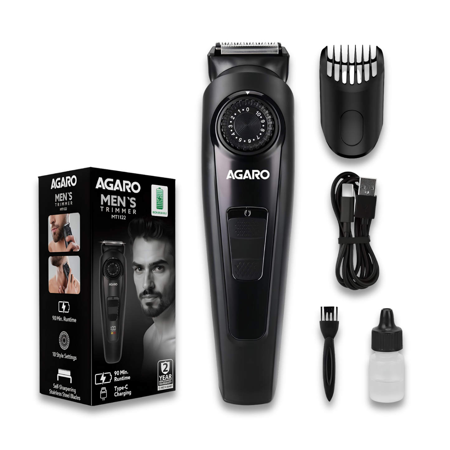 AGARO Beard Trimmer MT1122, 10 Length Settings with digital display USB rechargeable multifunctional for home and travel