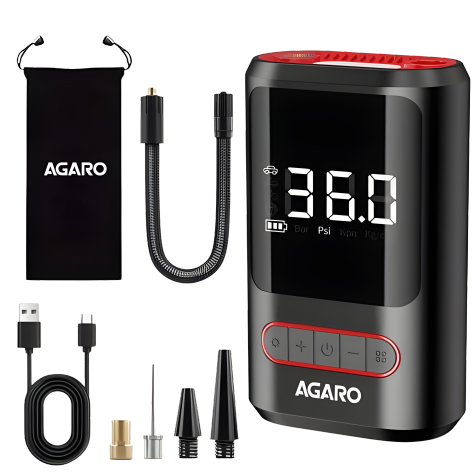 AGARO Galaxy Cordless Tyre Inflator, Portable Air Compressor, Flash Light, Power bank , Multipurpose Use, Rechargeable, Up to 150 PSI Air Pump for Car, Bike, Foot Balls, Inflatables, Black & Red