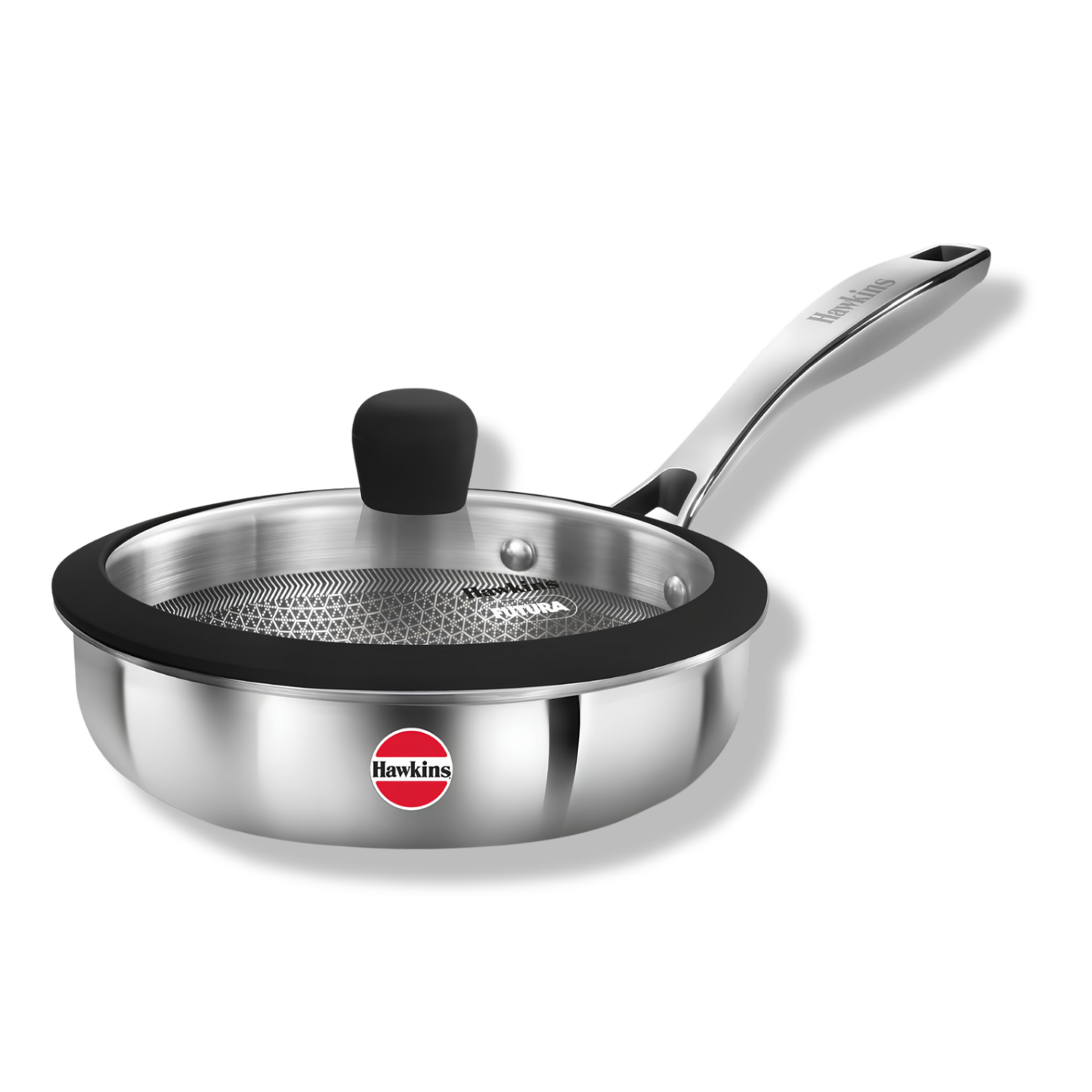 HAWKINS 18 cm Tri-ply Shielded Stainless Steel Non-Stick Pro Frying Pan | Induction & Gas Compatible | Even Heating | with Glass Lid | Silver (PSNF18G)