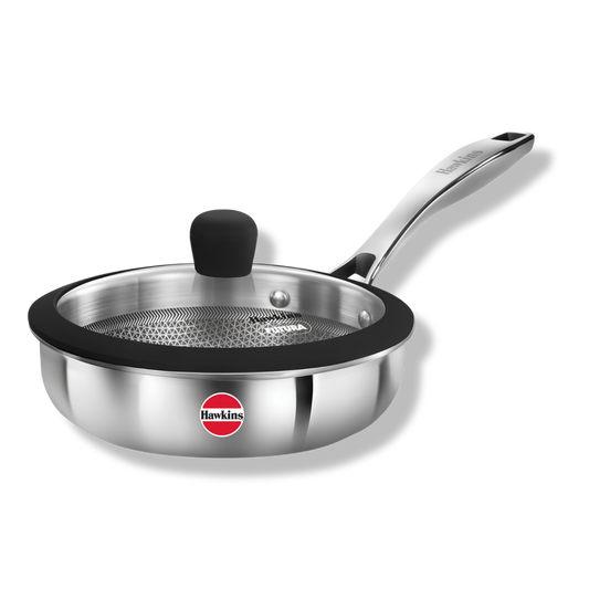 HAWKINS 18 cm Tri-ply Shielded Stainless Steel Non-Stick Pro Frying Pan | Induction & Gas Compatible | Even Heating | with Glass Lid | Silver (PSNF18G)