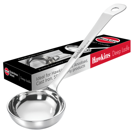 HAWKINS Food-Grade Stainless Steel 80 ml Deep Ladle | Thick Durable One-Piece Design | Long Handle | Hanging Loop | for Serving Dal, Curry & Soup | Karchhi | Pali | Silver (SSPTDL)