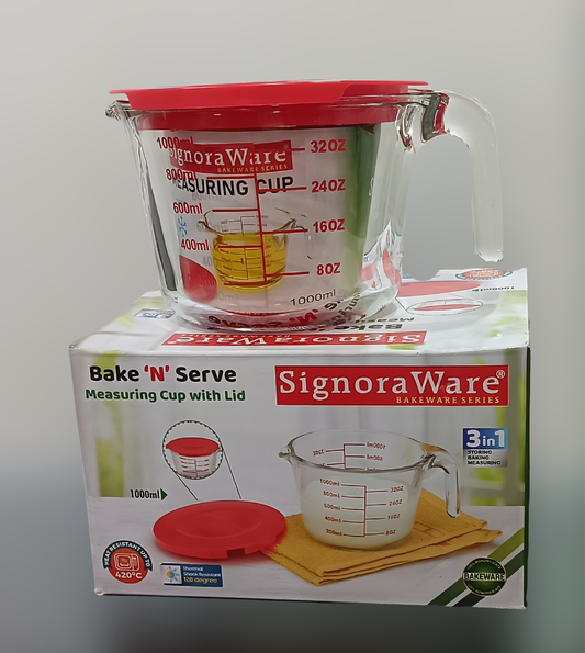 SIGNORAWARE Borosilicate 1 Ltr Glass Measuring Cup | Measurement Scale | Microwave & Oven Safe | Dishwasher safe | Sturdy Thick Glass | Measuring Liquids | Best for Baking & Storing