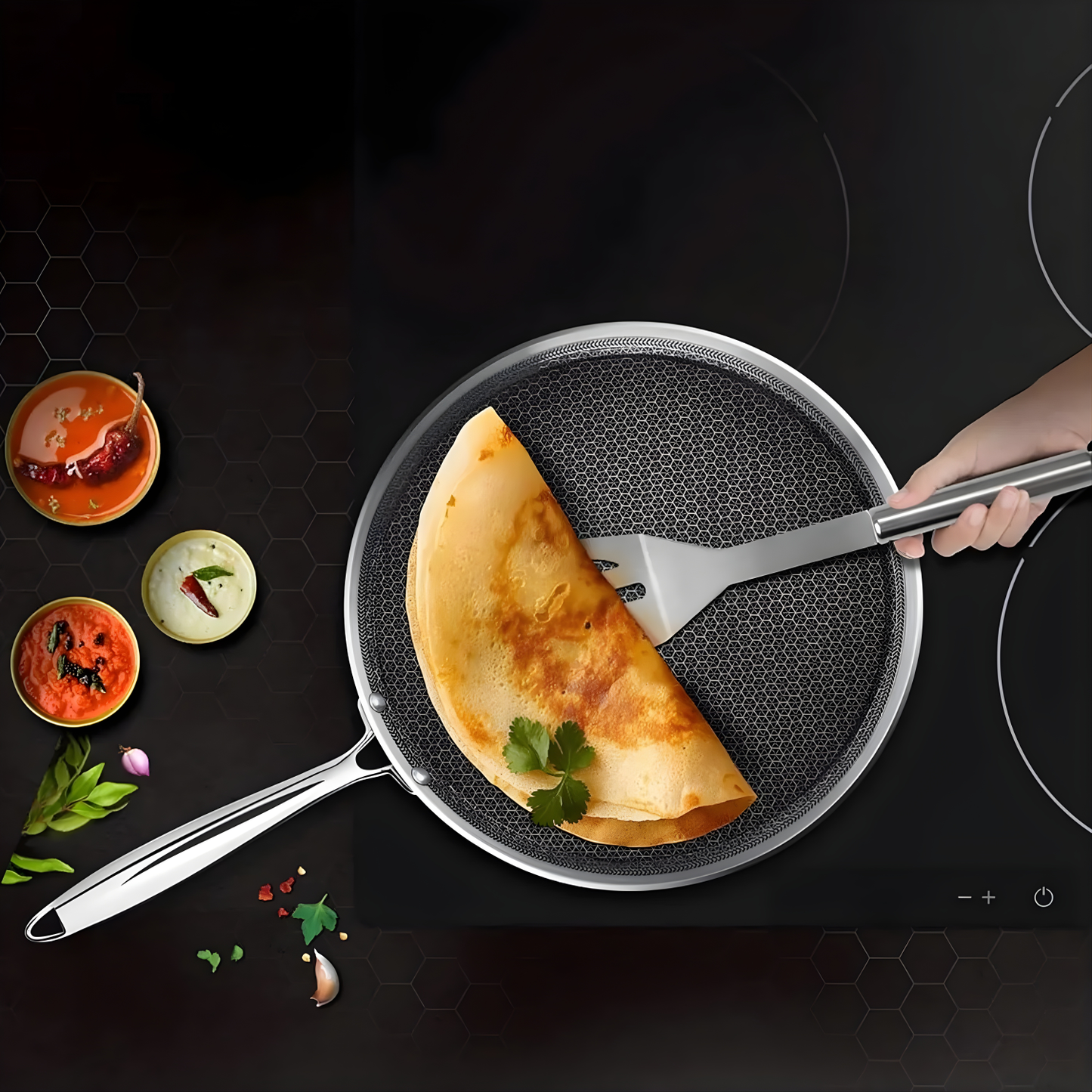 MILTON Pro cook Triply Hexa Tech Induction Stainless Steel Tawa, Silver, Honeycomb Non-Stick Structure