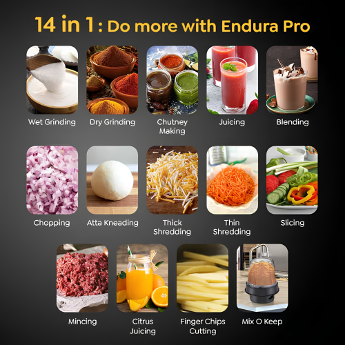 PRESTIGE Endura Pro 1000 Watt Multi-Functional Mixer Grinder | Heavy-Duty Ball Bearing Copper Motor | 6 Jars with Food Processing Attachments | 14 Functions in One | 5Y Motor Warranty