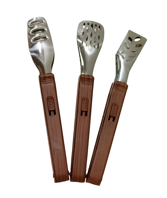 Kitchen Serving Tongs with Locking System | Wood Grain  Plastic Handles | Slotted SS Heads |  3 Pcs Set | Generic