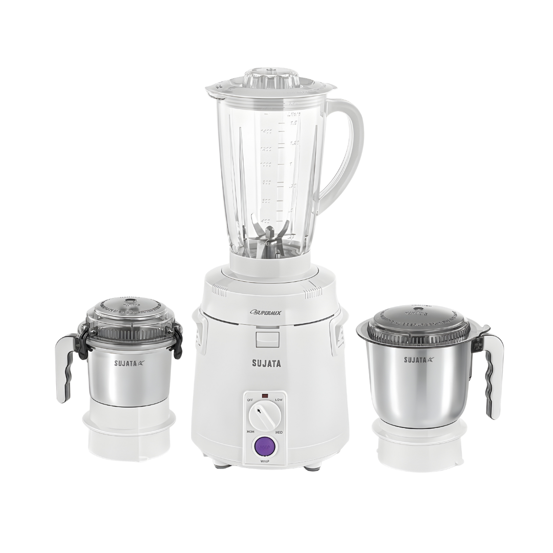 SUJATA Supermix Mixer Grinder|900 Watts Double Ball Bearing Motor|22000 RPM|Non-Stop 90 Mins Running|3 Jars including 1750 ml Blender, 1000 ml Grinder, 500 ml Chutney Jar| White